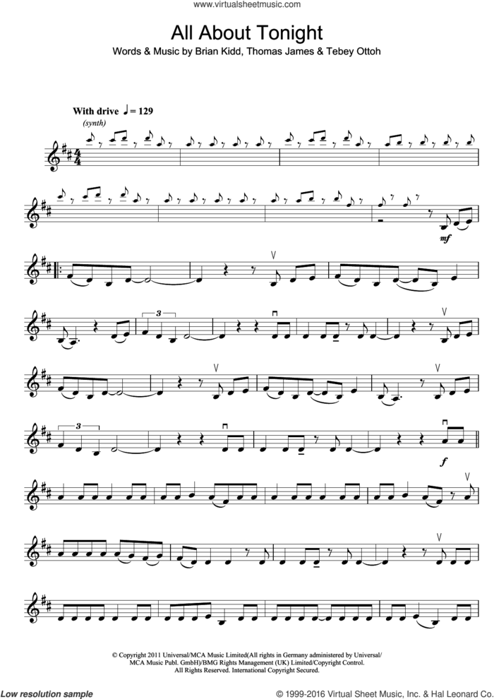 All About Tonight sheet music for violin solo by Pixie Lott, Brian Kidd, Tebey Ottoh and Thomas James, intermediate skill level