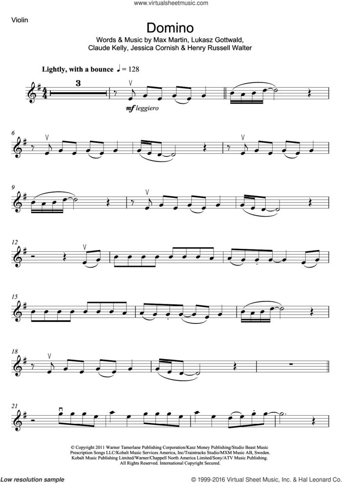 Domino sheet music for violin solo by Jessie J, Claude Kelly, Henry Russell Walter, Jessica Cornish, Lukasz Gottwald and Max Martin, intermediate skill level