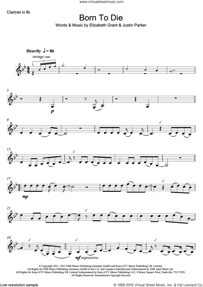 Born To Die sheet music for clarinet solo by Lana Del Rey, Elizabeth Grant and Justin Parker, intermediate skill level