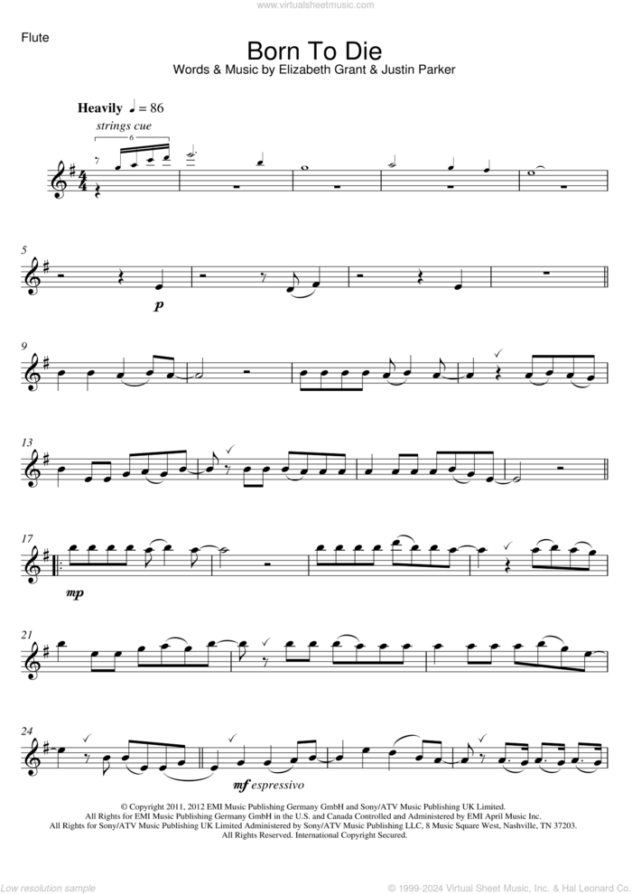 Born To Die sheet music for flute solo by Lana Del Rey, Elizabeth Grant and Justin Parker, intermediate skill level