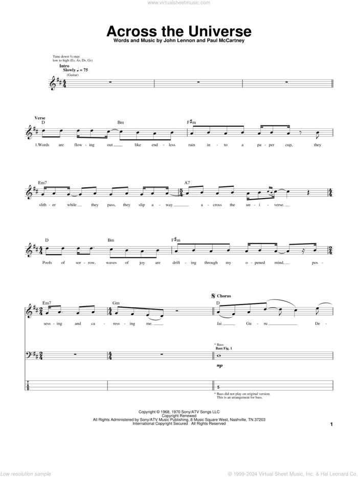 Across The Universe sheet music for bass (tablature) (bass guitar) by The Beatles, John Lennon and Paul McCartney, intermediate skill level