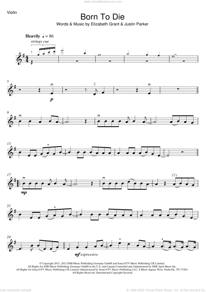 Born To Die sheet music for violin solo by Lana Del Rey, Elizabeth Grant and Justin Parker, intermediate skill level