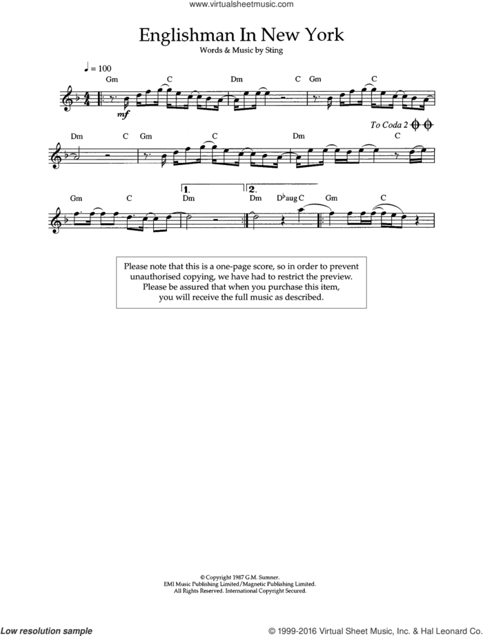 Englishman In New York sheet music for flute solo by Sting, intermediate skill level