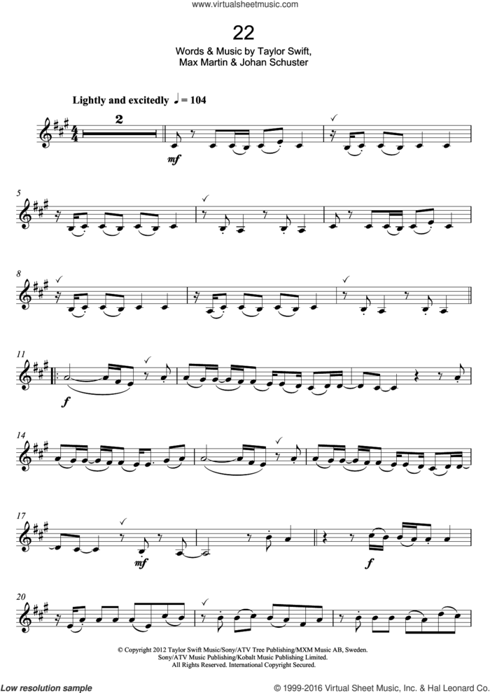 22 sheet music for clarinet solo by Taylor Swift, Max Martin and Shellback, intermediate skill level