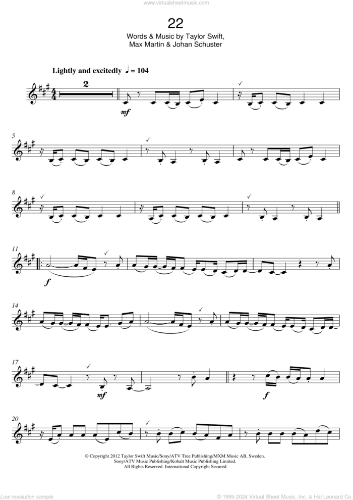 22 sheet music for clarinet solo by Taylor Swift, Max Martin and Shellback, intermediate skill level