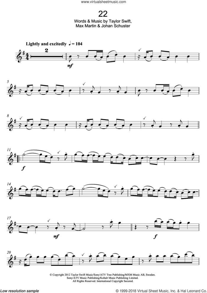 22 sheet music for flute solo by Taylor Swift, Max Martin and Shellback, intermediate skill level