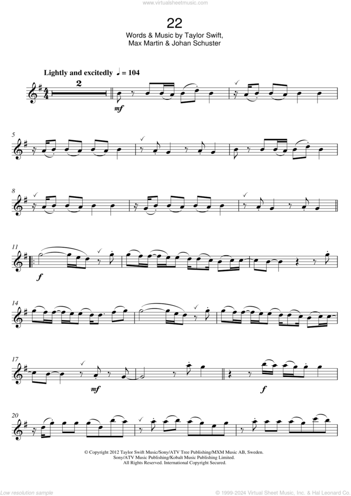 22 sheet music for flute solo by Taylor Swift, Max Martin and Shellback, intermediate skill level