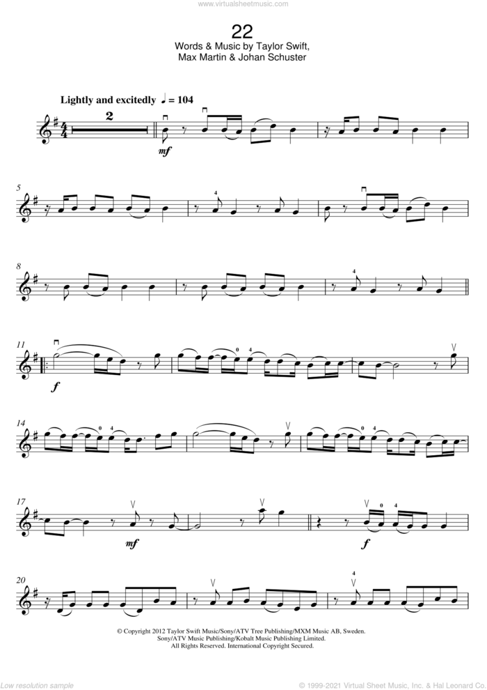 22 sheet music for violin solo by Taylor Swift, Max Martin and Shellback, intermediate skill level