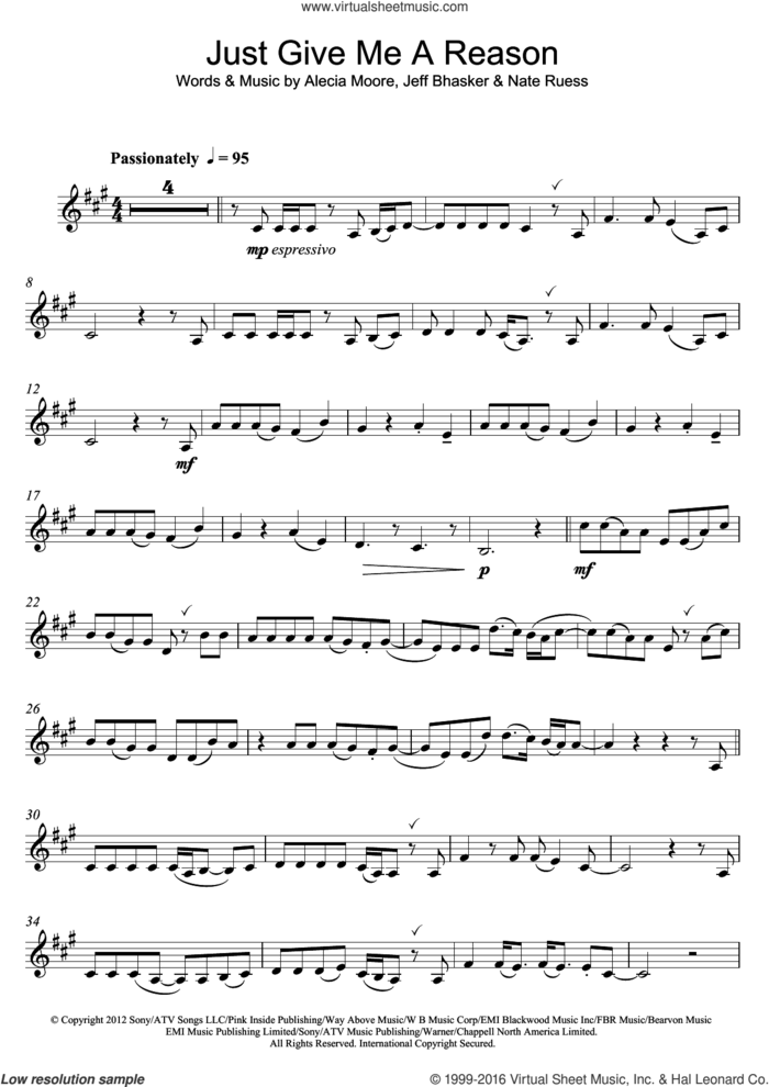 Just Give Me A Reason (featuring Nate Ruess) sheet music for clarinet solo by Jeff Bhasker, Miscellaneous, Alecia Moore and Nate Ruess, intermediate skill level