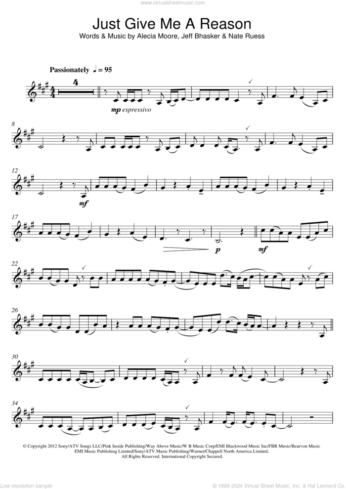 Just Give Me A Reason (featuring Nate Ruess) sheet music for clarinet solo by P!nk, Miscellaneous, Alecia Moore, Jeff Bhasker and Nate Ruess, intermediate skill level