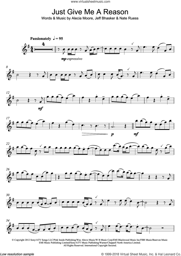 Just Give Me A Reason (featuring Nate Ruess) sheet music for flute solo by Jeff Bhasker, Miscellaneous, Alecia Moore and Nate Ruess, intermediate skill level