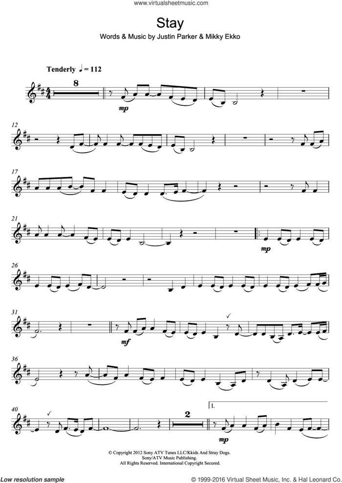 Stay sheet music for clarinet solo by Rihanna, Justin Parker and Mikky Ekko, intermediate skill level