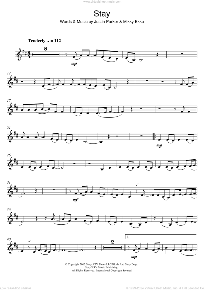 Stay sheet music for clarinet solo by Rihanna, Justin Parker and Mikky Ekko, intermediate skill level