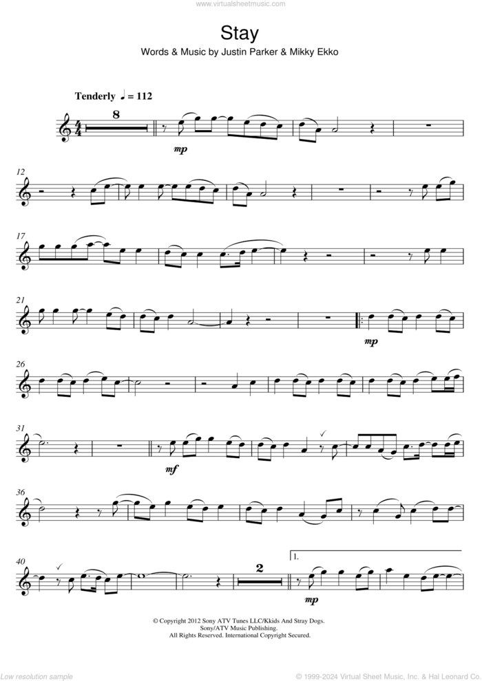 Stay sheet music for flute solo by Rihanna, Justin Parker and Mikky Ekko, intermediate skill level