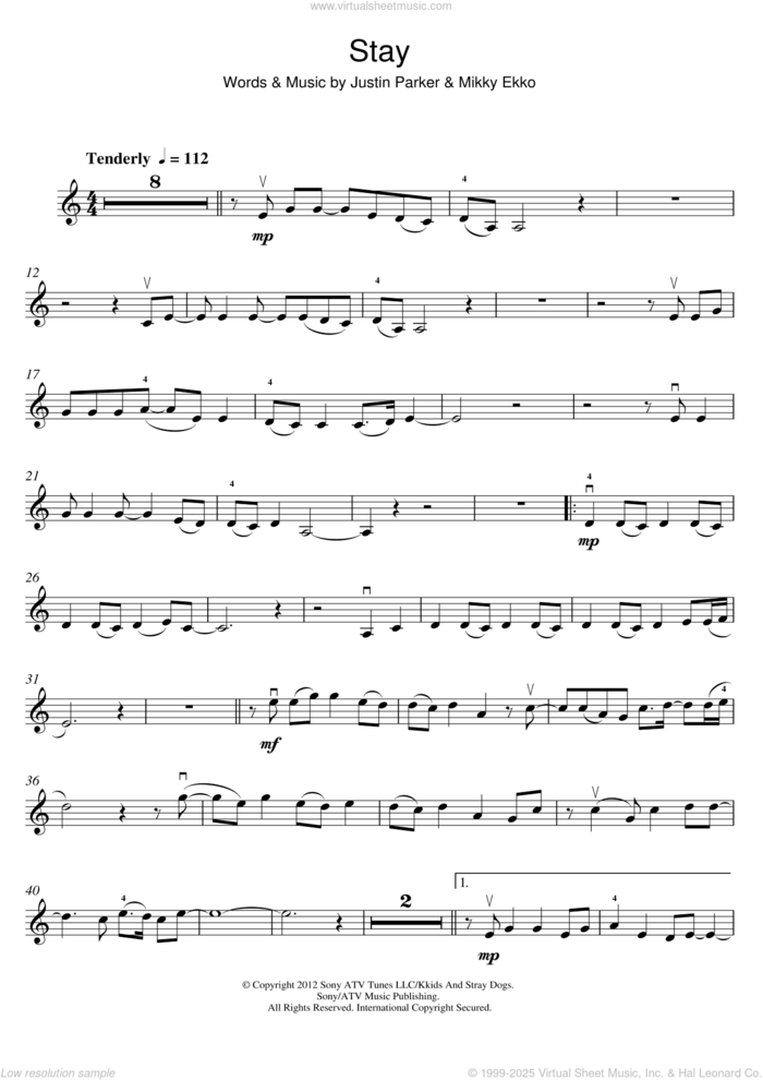 Stay sheet music for violin solo by Rihanna, Justin Parker and Mikky Ekko, intermediate skill level