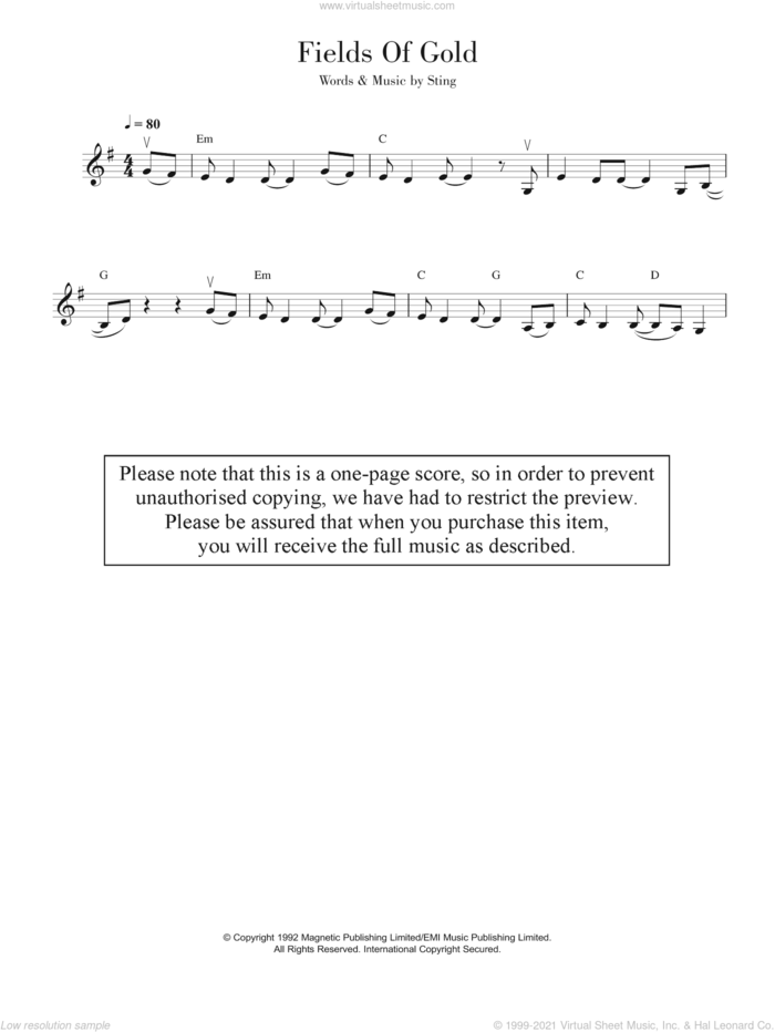 Fields Of Gold sheet music for violin solo by Sting and Eva Cassidy, intermediate skill level
