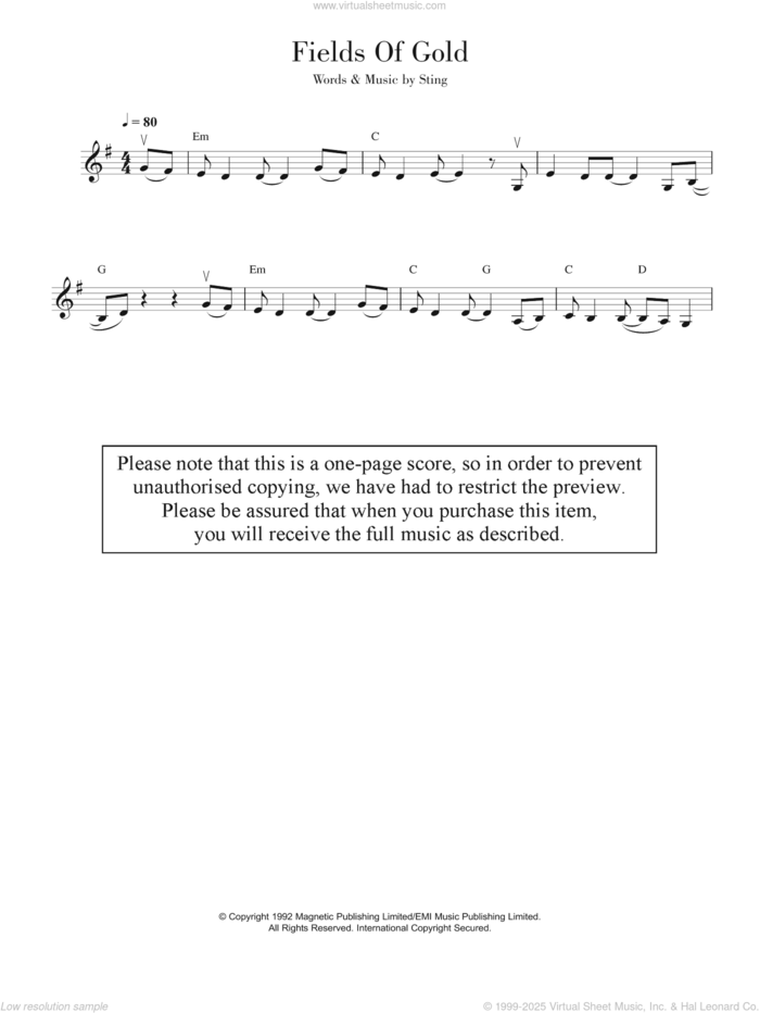 Fields Of Gold sheet music for violin solo by Sting and Eva Cassidy, intermediate skill level