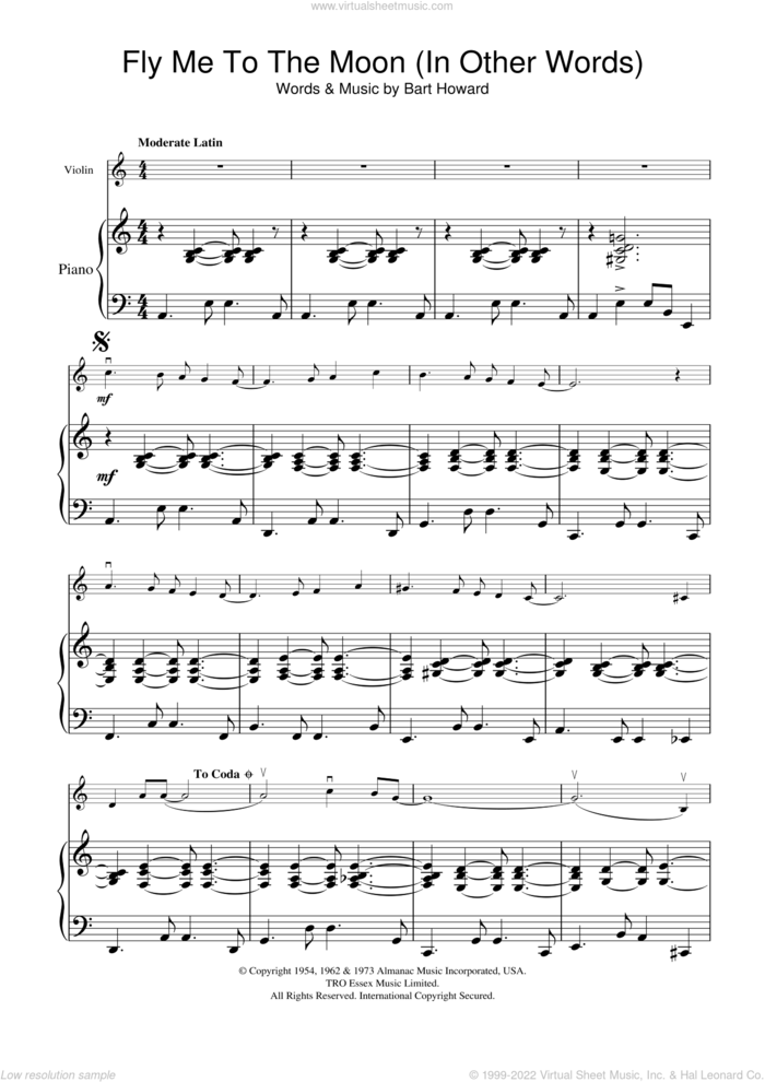 Fly Me To The Moon (In Other Words) sheet music for violin solo by Frank Sinatra, Diana Krall and Bart Howard, wedding score, intermediate skill level