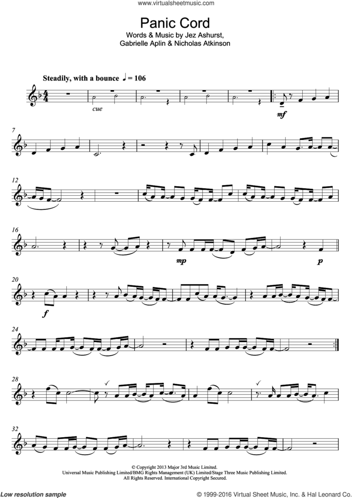 Panic Cord sheet music for clarinet solo by Gabrielle Aplin, Jez Ashurst and Nicholas Atkinson, intermediate skill level