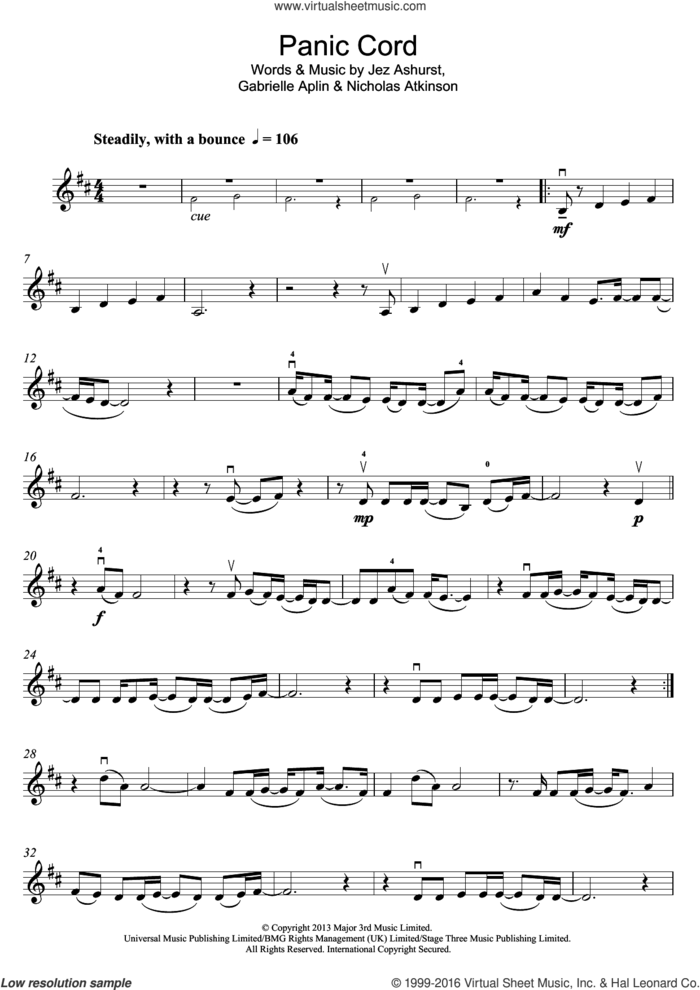 Panic Cord sheet music for violin solo by Gabrielle Aplin, Jez Ashurst and Nicholas Atkinson, intermediate skill level