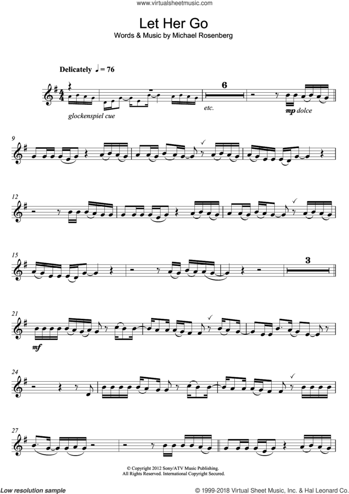 Let Her Go sheet music for flute solo by Passenger and Michael Rosenberg, intermediate skill level