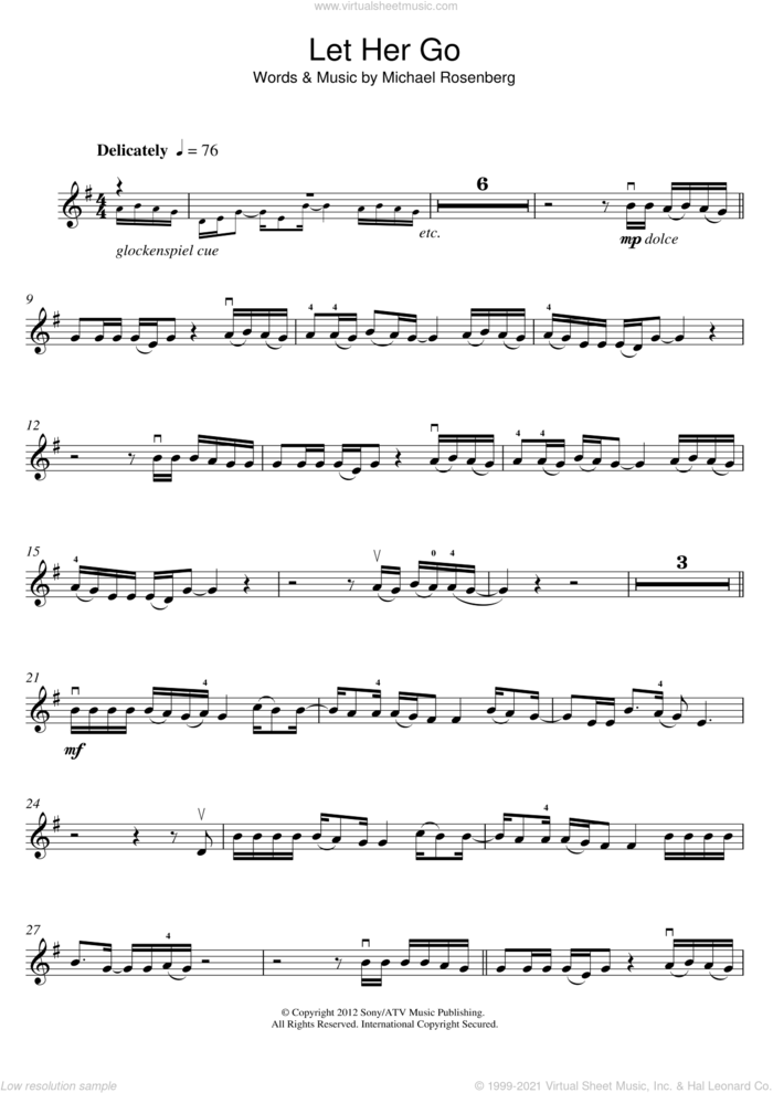 Let Her Go sheet music for violin solo by Passenger and Michael Rosenberg, intermediate skill level
