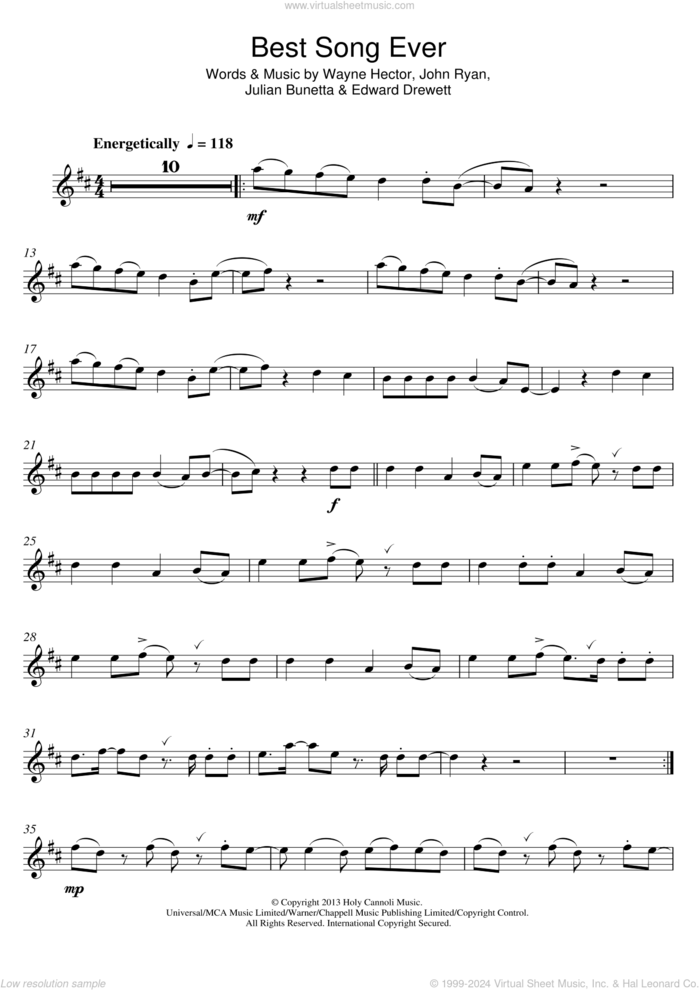 Best Song Ever sheet music for flute solo by One Direction, Edward Drewett, John Ryan, Julian Bunetta and Wayne Hector, intermediate skill level