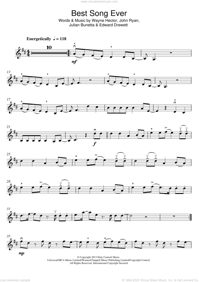 Best Song Ever sheet music for violin solo by One Direction, Edward Drewett, John Ryan, Julian Bunetta and Wayne Hector, intermediate skill level