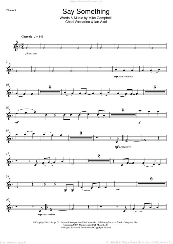 Say Something sheet music for clarinet solo by A Great Big World, Christina Aguilera, Chad Vaccarino, Ian Axel and Mike Campbell, intermediate skill level