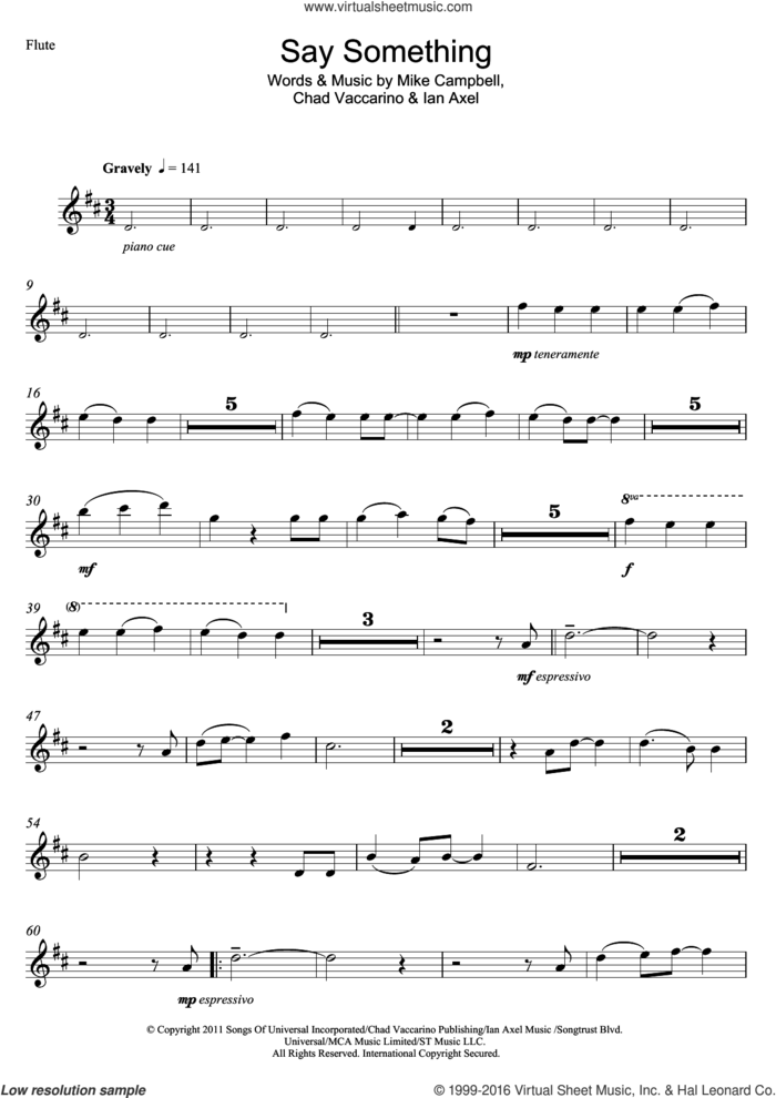 Say Something sheet music for flute solo by A Great Big World, Christina Aguilera, Chad Vaccarino, Ian Axel and Mike Campbell, intermediate skill level