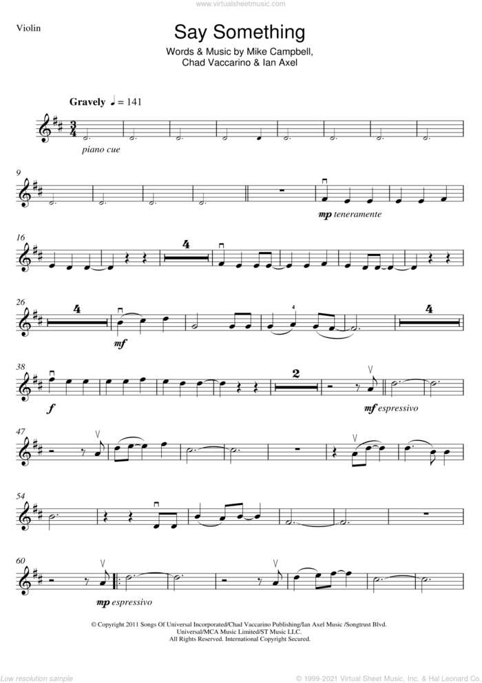 Say Something sheet music for violin solo by A Great Big World, Christina Aguilera, Chad Vaccarino, Ian Axel and Mike Campbell, intermediate skill level
