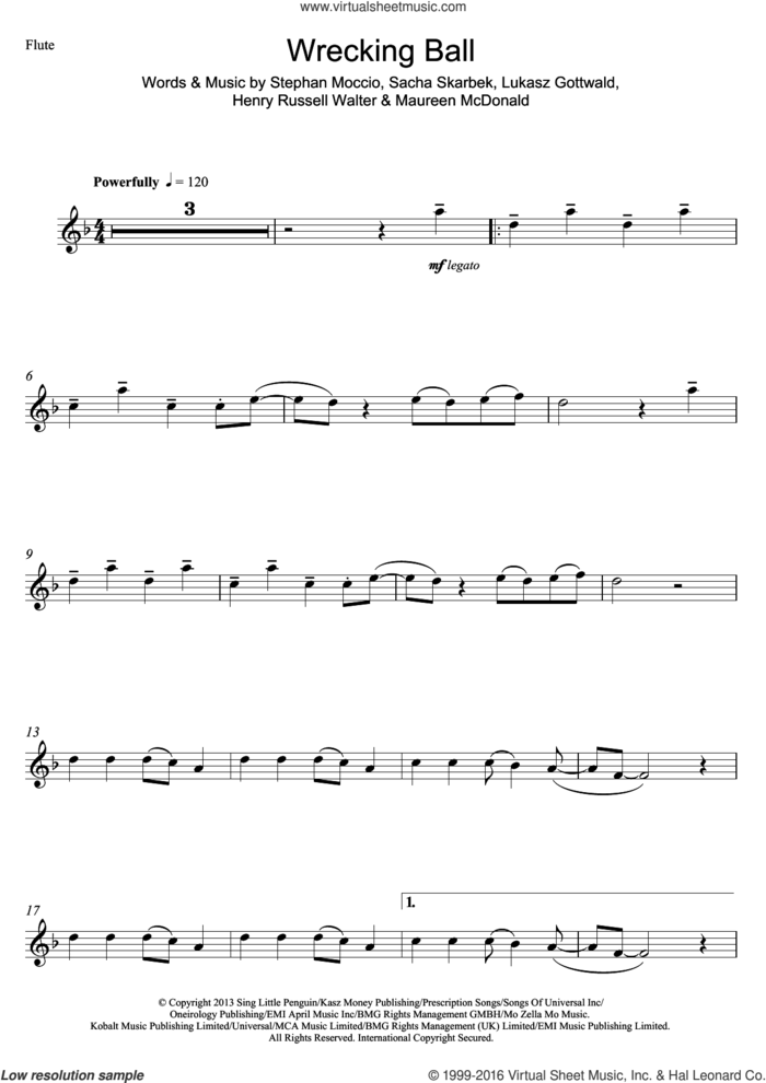 Wrecking Ball sheet music for flute solo by Miley Cyrus, Henry Russell Walter, Lukasz Gottwald, Maureen McDonald, Sacha Skarbek and Stephan Moccio, intermediate skill level