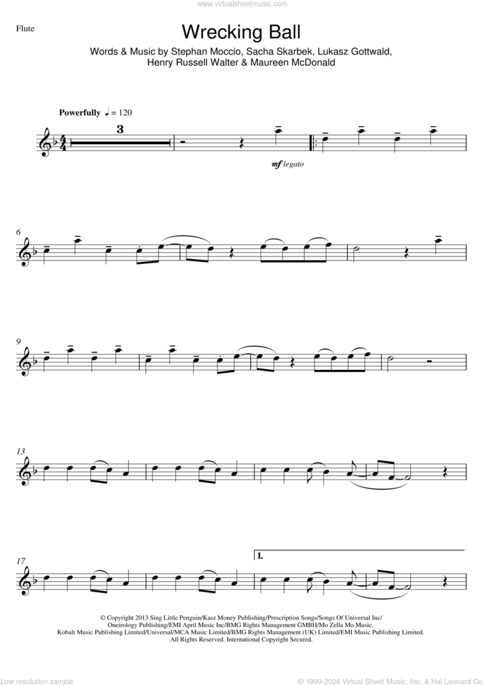 Wrecking Ball sheet music for flute solo by Miley Cyrus, Henry Russell Walter, Lukasz Gottwald, Maureen McDonald, Sacha Skarbek and Stephan Moccio, intermediate skill level