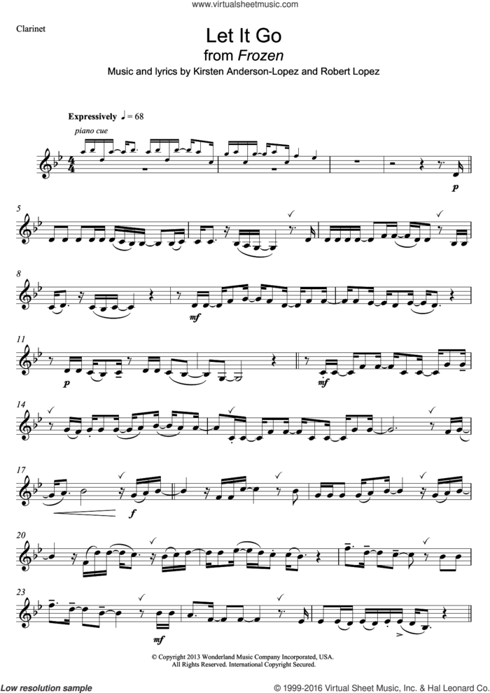 Let It Go (from Frozen) sheet music for clarinet solo by Idina Menzel, Kristen Anderson-Lopez and Robert Lopez, intermediate skill level