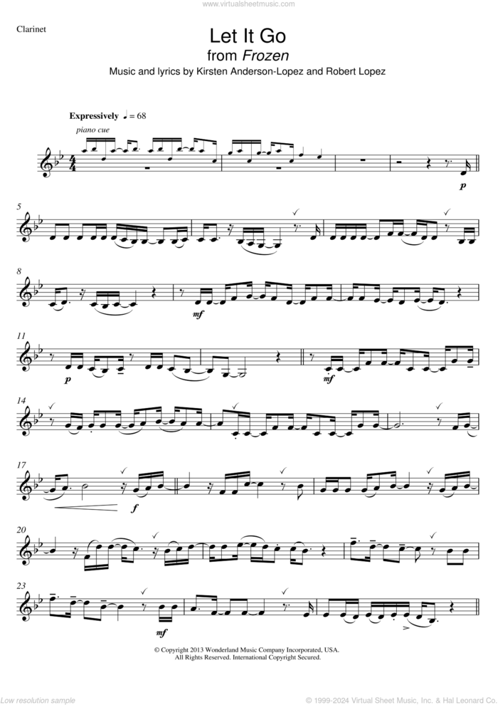 Let It Go (from Frozen) sheet music for clarinet solo by Idina Menzel, Kristen Anderson-Lopez and Robert Lopez, intermediate skill level