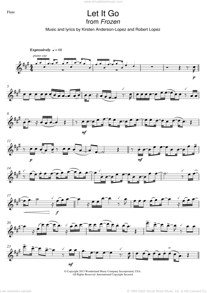 Let It Go (from Frozen) sheet music for flute solo by Idina Menzel, Kristen Anderson-Lopez and Robert Lopez, intermediate skill level