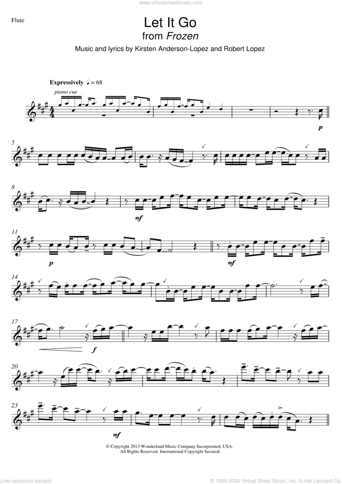 Let It Go (from Frozen) sheet music for flute solo by Idina Menzel, Foxes, Kristen Anderson-Lopez, Louisa Allen, Robert Lopez and Tom Hull, intermediate skill level