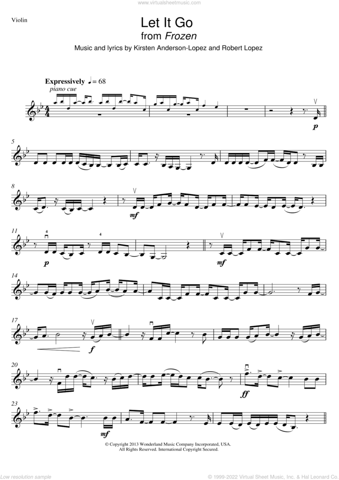 Let It Go (from Frozen) sheet music for violin solo by Idina Menzel, Kristen Anderson-Lopez and Robert Lopez, intermediate skill level