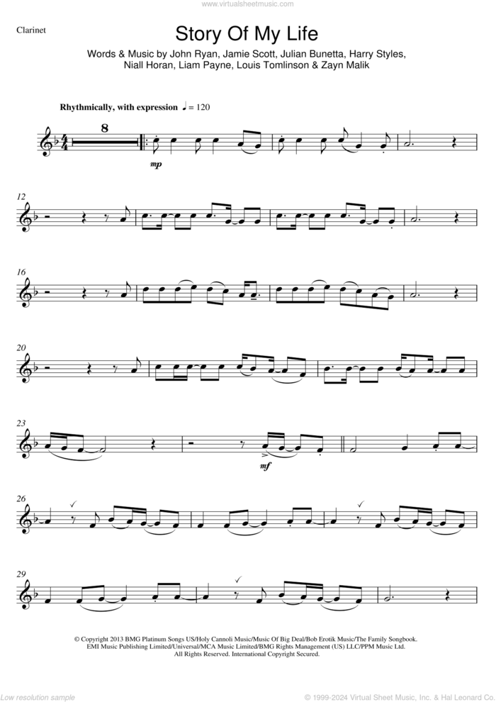 Story Of My Life sheet music for clarinet solo by One Direction, Harry Styles, Jamie Scott, John Ryan, Julian Bunetta, Liam Payne, Louis Tomlinson, Niall Horan and Zayn Malik, intermediate skill level