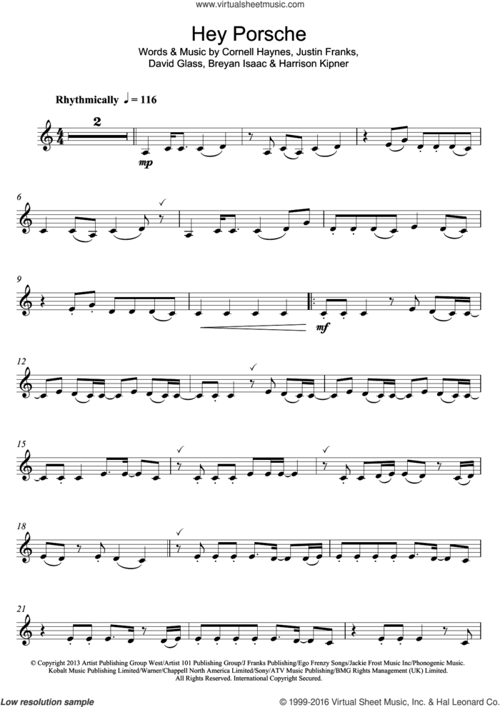 Hey Porsche sheet music for clarinet solo by Nelly, Breyan Isaac, Cornell Haynes, David Glass, Harrison Kipner and Justin Franks, intermediate skill level