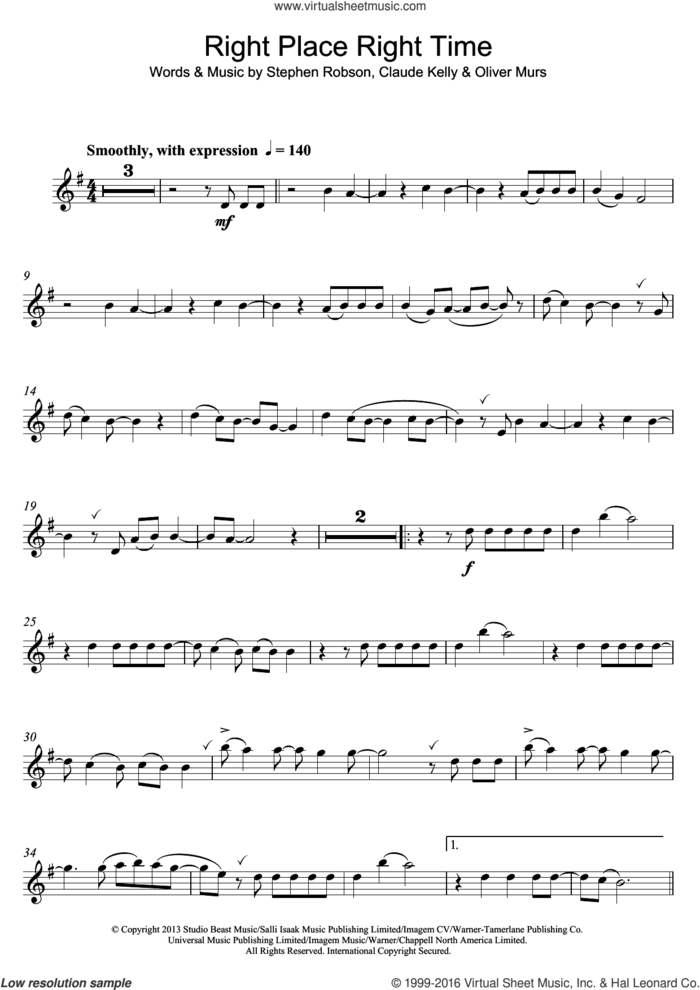 Right Place Right Time sheet music for clarinet solo by Olly Murs, Claude Kelly, Oliver Murs and Steve Robson, intermediate skill level