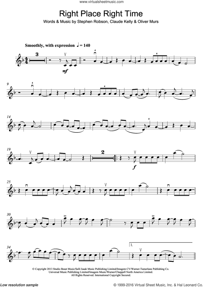 Right Place Right Time sheet music for violin solo by Olly Murs, Claude Kelly, Oliver Murs and Steve Robson, intermediate skill level