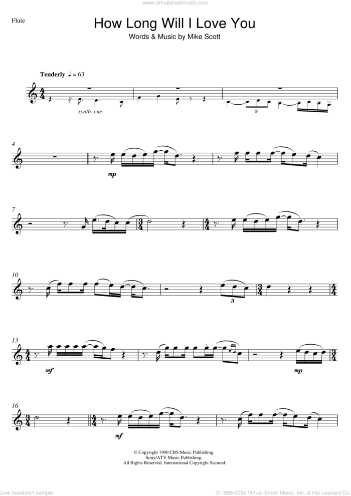 How Long Will I Love You sheet music for flute solo by Ellie Goulding and Mike Scott, wedding score, intermediate skill level