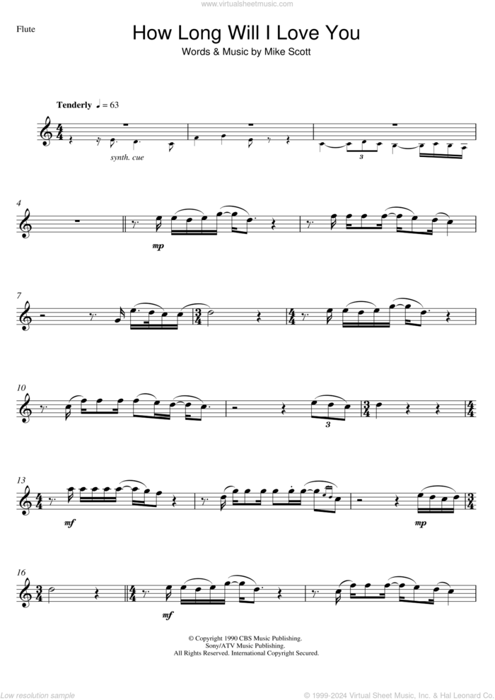 How Long Will I Love You sheet music for flute solo by Ellie Goulding and Mike Scott, wedding score, intermediate skill level