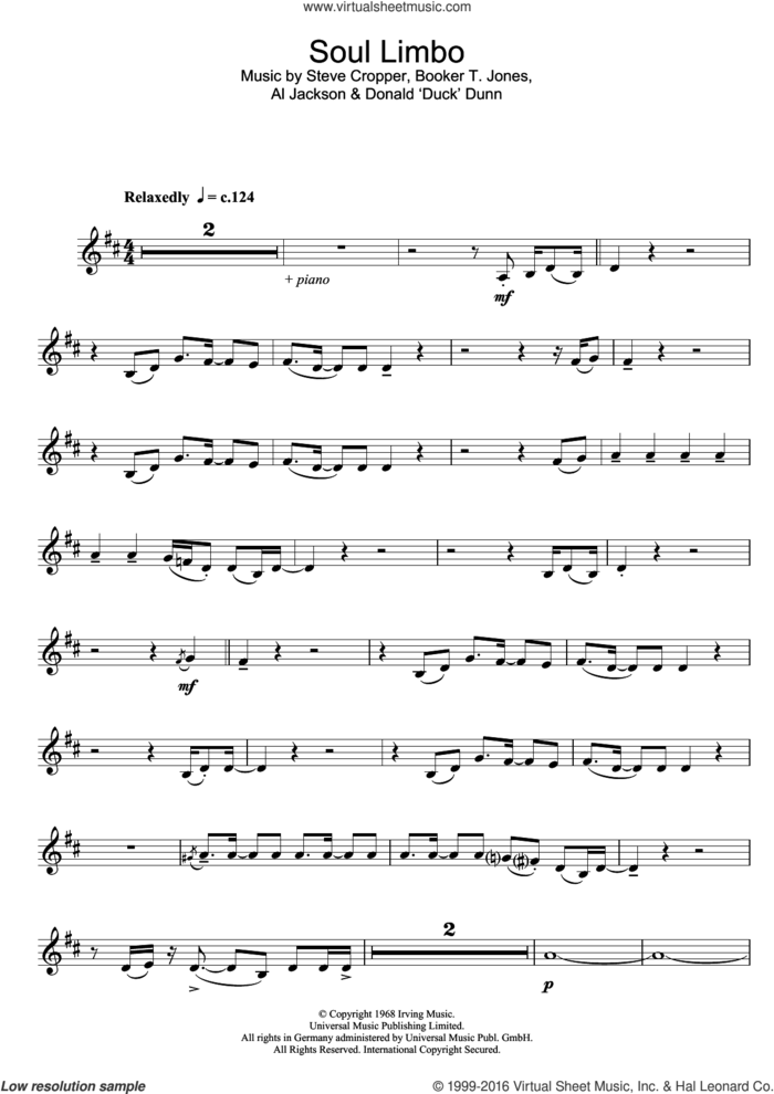 Soul Limbo sheet music for clarinet solo by Booker T. and The MGs, Al Jackson, Jr., Booker T. Jones, Duck Dunn and Steve Cropper, intermediate skill level