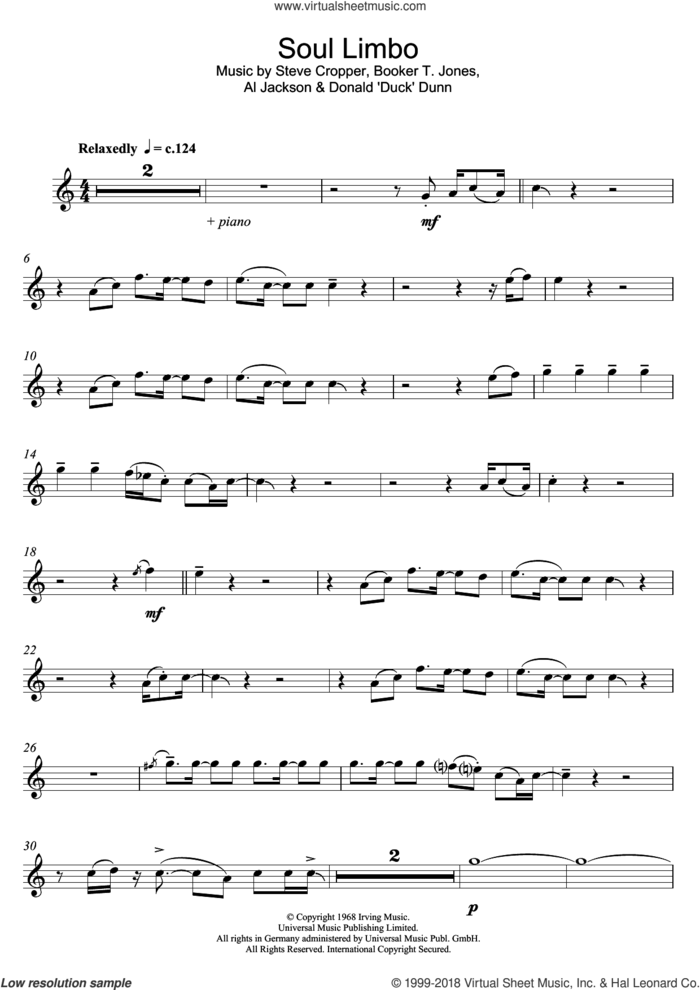 Soul Limbo sheet music for flute solo by Booker T. and The MGs, Al Jackson, Jr., Booker T. Jones, Duck Dunn and Steve Cropper, intermediate skill level