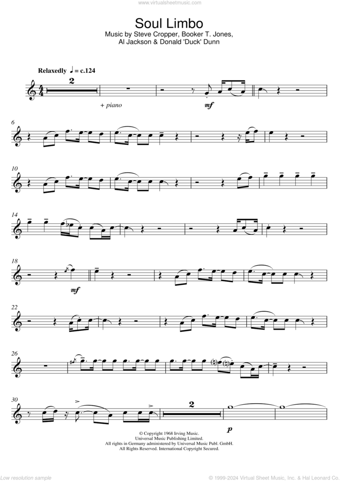 Soul Limbo sheet music for flute solo by Booker T. and The MGs, Al Jackson, Jr., Booker T. Jones, Duck Dunn and Steve Cropper, intermediate skill level