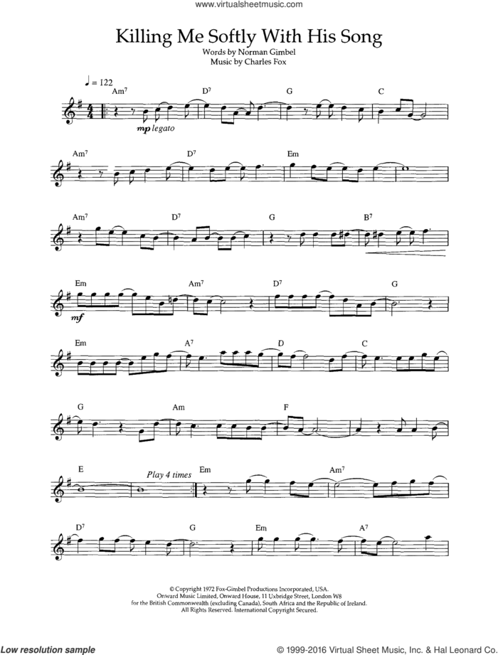 Killing Me Softly With His Song sheet music for flute solo by The Fugees, Charles Fox and Norman Gimbel, intermediate skill level