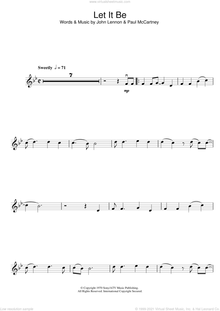 Let It Be sheet music for violin solo by The Beatles, John Lennon and Paul McCartney, intermediate skill level