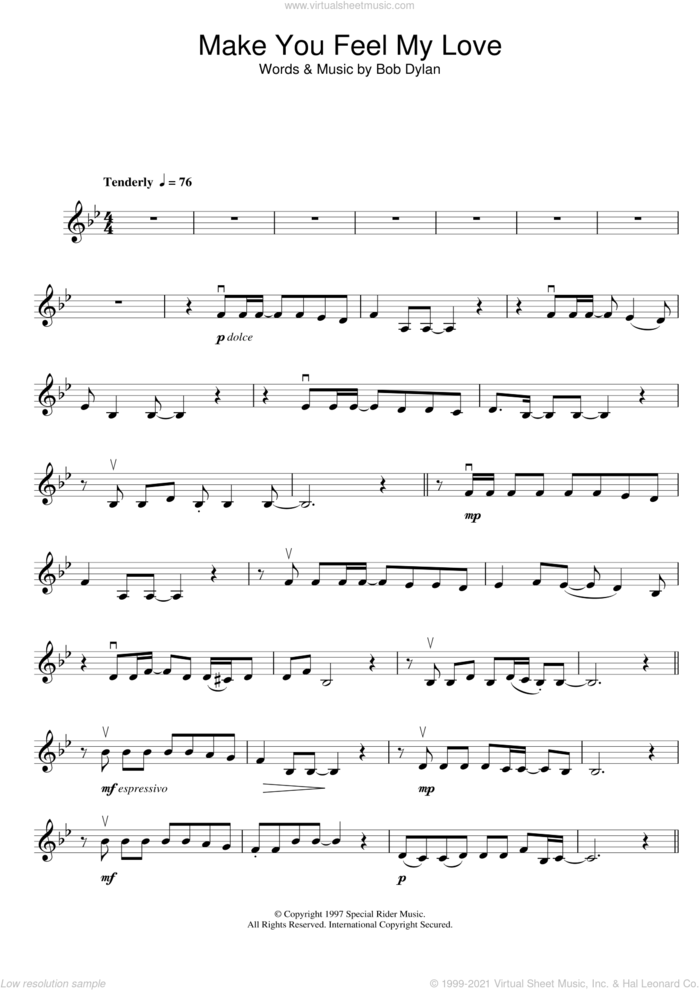 Make You Feel My Love sheet music for violin solo by Adele and Bob Dylan, intermediate skill level